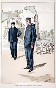 Guardians of Peace (Pariisin ensimmäinen kotipaikka 1870-1871). Etsaus väreillä, havainnollistamiseen "" History of the Corps of Peacekeepers""" -kirja, jonka on julkaissut Louis Lepinen (1846-1933) Seinen poliisin prefekti, Alfred Rey (1864-? tekijältä Unknown artist