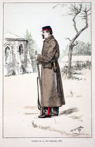 Guardians of the Peace mobilisoi (1871). Etsaus väreillä, havainnollistava "" Rauhanturvaajien joukkojen historia"" -kirja, Louis Lepinen (1846-1933) Seinen poliisin prefektin suojeluksessa, Alfred Rey (1864-?) ja Louis F. tekijältä Unknown artist