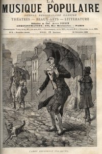 Guillaume Joseph Rousselle (Roussel), joka tunnetaan nimellä Cadet Rousselle (1743-1807), ranskalainen ulosottomies, sateen alla rue de Paris -kadulla. kaiverrus ”Populaarimusiikkiin” Kuvitettu viikkolehti - 1881 tekijältä Unknown artist
