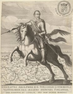 Kustaa II Adolf Pommerin kartan edessä taustalla. 1630 tekijältä Unknown