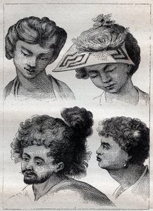 Taitin (Tahitin) asukkaiden hiustyylit - kuvitus "1700-luvun suurista merimiehistä" tekijältä Unknown artist