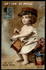 Karvainen siemen - mehua isälle: lapsi kahvia muovailemassa, postikortti, sd. 1900-luvun alku. tekijältä Unknown Artist