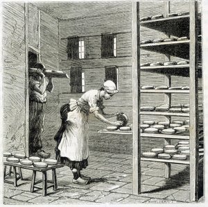 Haloir (tai kuivausrumpu) camembert-juuston valmistukseen - Louis Figuierin teoksessa "Teollisuuden ihmeet" tekijältä Unknown artist
