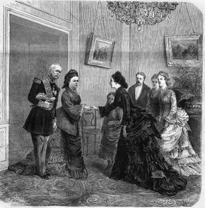 Kädessä Elisabeth de Mac Mahonin (1834-1900) ja itävaltalaisen impress Elisabeth de Wittelsbachin (1837-1898) (Sissi) välillä Ranskan tasavallan presidentin Patrice de Mac-Mahonin (1808-1893) Itävallan vierailun aikana. 1875. Kaiverrus "Universumi tekijältä Unknown artist