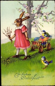 Hyvää pääsiäistä, pääsiäispupu vetää vaunuja, pääsiäismunia, varpusia tekijältä Unknown Artist