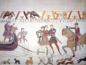 Harold II (1022 - 1066) laskeutui Normandiaan, missä William I Valloittaja (1027 - 1087) vangitsi hänet. Bayeux