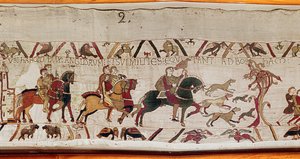 Edward The Confessor lähettää Haroldin miehineen Normandiaan, Bayeux Tapestry (villakirjonta pellavalle) tekijältä Unknown artist