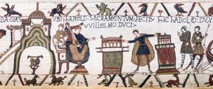 Harold vannoo pyhän valan Williamille Bayeux