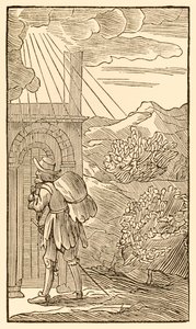 Sen, joka astuu sisään, on ensin seisomatta kolkuttamatta portilla… teoksesta Pyhiinvaeltajat etenevät tästä maailmasta, siihen, mikä on tuleva, John Bunyan (1628-1688) Pyhiinvaeltaja saavuttaa sisäänkäynnin tekijältä Unknown