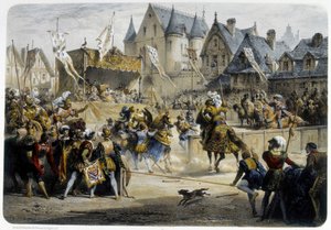 Henri II (1519 - 1559) haavoittui kuolemaan Montgomeryn toimesta turnauksessa 29. kesäkuuta 1559, rue St Antoine, Palais des Tournellesin edessä - litografia tekijältä Unknown artist