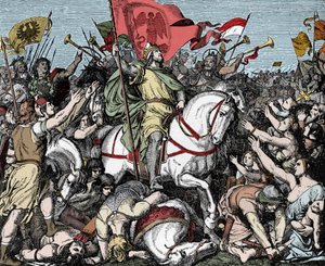 Henrik Fowler julistettiin Itä-Fransian kuninkaaksi – Henrik I Germanian (tai Saksin, joka tunnetaan nimellä Henrik Oiseleur, 876-936) julistettiin Länsi-Fransian kuninkaaksi vuonna 919 tekijältä Unknown artist
