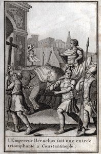 Herakleios I (Flavius Heraclius, Herakleios (noin 575-610/641), Bysantin keisari, teki voittoisan sisäänkäynnin Konstantinopoliin. Hän kiipesi neljän norsun saavuttamiin vaunuihin ja toi eteensä otetun tosi ristin (pyhän ristin). alkaen tekijältä Unknown artist