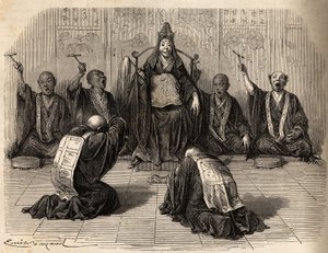 Buddhalainen ylipappi palvotaan, opetuslastensa ympäröimänä rituaalia gongilla ja symbaaleilla. Kaiverrus havainnollistamaan matkaa Japaniin vuosina 1863-1864, Sveitsin valaliiton ministeri Aime Humbert, "Le tour du monde, nouveau journal" tekijältä Unknown artist