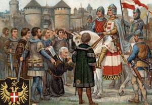 Historiallisia jaksoja kuuluisista kaupungeista: Rudolph of Habsburg (Rodolph I of the Holy Empire 1218-1291) otti Wienin haltuunsa (1276). Rodolf I oli roomalaisten kuningas ja ottamalla Wienin kaupungin haltuunsa hän perusti Habsburgien vallan. Chromol tekijältä Unknown artist