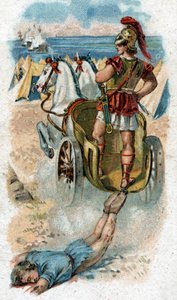 Akhilleuksen elämän historia, Troijan sodan legendaariset sankarit: Akhilleus tyhjentää Hektorin ruumiin tankkinsa takaa. Kromolitografia vuodelta 1890. tekijältä Unknown artist