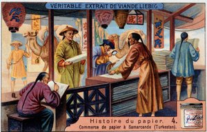 Paperin historia. 4. Paperikauppa Samarkandissa (= Samarkand) (Turkestan). Liebig-kromolitografia tekijältä Unknown artist