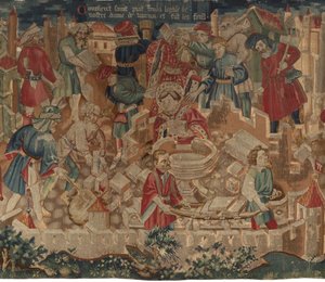 Saint Piatin ja Saint Eleuthèren historia, kohtaus 5: Kuinka pyhä Piat perusti Neitsyt Marian kirkon ja teki kastealtaat tekijältä Unknown artist