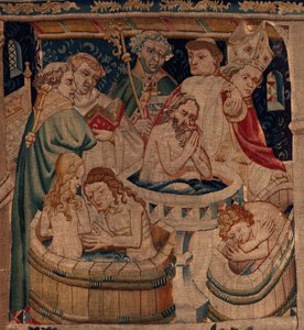 Saint Piatin ja Saint Eleuthèren historia, kohtaus 7 maanpaossa olevien kristittyjen kaste, Yksityiskohta. Kaste. tekijältä Unknown artist