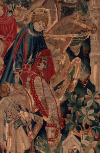Saint Piatin ja Saint Eleuthèren historia, kohtaus 8, yksityiskohtakeskus. Ratsumiehet. tekijältä Unknown artist