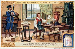 Posliinin historia: Johann Friedrich Bottger (Bottcher tai Bottger) (1682-1719) löytää todellisen menetelmän posliinin valmistukseen vuonna 1709 - Liebig-kromolitografia tekijältä Unknown artist