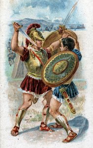 Troijan sodan legendaaristen sankareiden Akhilleuksen elämänhistoria: Akhilleus taistelee Hektoria kostaakseen Patrokleen kuoleman. Kromolitografia vuodelta 1890. tekijältä Unknown artist
