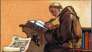 Kirjoittamisen historia: kopioiva munkki kopioi käsikirjoituksia keskiajalla, 1900-luvun alku (chromo) tekijältä Unknown Artist