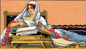 Kirjoittamisen historiaa: nuori nainen kirjoittaa latinaksi muistikirjaan, 1900-luvun alku (chromo) tekijältä Unknown Artist