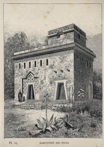 Inkojen asunto - kaiverrus vuodelta 1889 Charles GARNIER:n kirjoittamassa "Ihmisasumisen historia vuoden 1889 yleisnäyttelyssä - Librairie centrale des beaux-arts Paris 1889" tekijältä Unknown artist