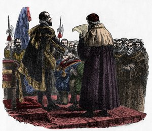Hugh Capet vannoo hallitsijan valan - Hugues Capet (noin 941-996) frankkien kuningas, vannoi suvereenin valan vuosina 987-1882 tekijältä Unknown artist
