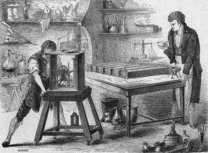 Humphry Davy hajottaa alkalit voltaic-akulla. Julkaisussa "Album de la Science", Editions Jouvet tekijältä Unknown artist