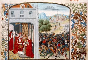 Satavuotinen sota: "" Paavi Gregoire XI (1329-1378) kruunasi Avignonin vuonna 1370. Pontvallainin taistelu ranskan ja englannin välillä 12.4.1370"" Pienoiskuva Jean Froissartin (1337-1400) "Kroonikista" 1500-luvun Pariisi. B.N. tekijältä Unknown artist