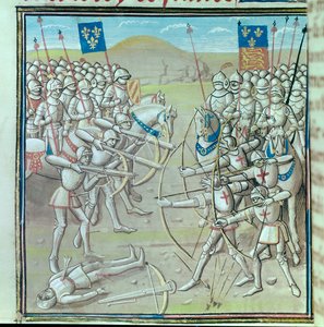 Satavuotinen sota: Crecyn taistelu 26.8.1346 ranskalaisten ja englantilaisten välillä. Miniatyyri 1300-luvun käsikirjoituksesta Pariisi, Bibliotheque de l