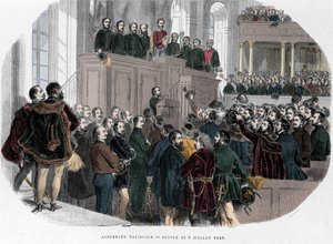 Unkarin vallankumous 1848: Kansalliskokouksen ensimmäinen kokous Unkarissa 5. heinäkuuta 1848. Kaiverrus "Unkari Historique by J. Boldenyi Paris 1853" tekijältä Unknown artist