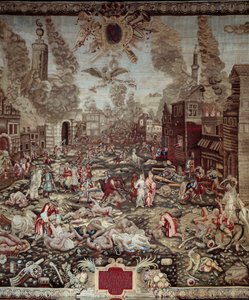 Unkarin valloitus: “” Itävaltalaiset ottavat Budan takaisin ottomaanien turkkilaisilta 2.9.1686” Buda on osa nykyistä Budapestia. Sotapäälliköt ovat Kaarle V Lorrainesta ja Miksa Emanuel II. Väkivaltakohtauksia, tulipaloja. Yksityiskohta kuvakudos. 17. vuo tekijältä Unknown artist