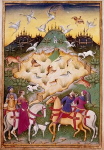 Metsästyskohtaus haukkojen kanssa Miniatyyri elokuvasta "" Kohtele haukkametsästystä ja veneriehua Sforzan herttuan tunnuslauseella ja tunnuksella" 1459 (ms. 1375) Chantilly, Musee Conde tekijältä Unknown artist