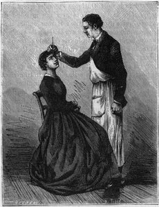 Hypnoosi-ilmiöt: Hypnoosi, joka syntyy kiinnittämällä kynäpidike paikat silmien väliin. Kaiverrus vuodelta 1881. tekijältä Unknown artist