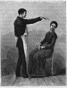 Hypnoosi-ilmiöt: hypnotismi syntyy ojentamalla yhtäkkiä käsi potilaan eteen. Kaiverrus vuodelta 1881. tekijältä Unknown artist