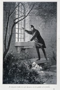 Menin eilen illalla ja raapisin ikkunaa, esimerkkiä Conan Doylen teoksesta "The Permiers Exploits of Sherlock Holmes". Sd. noin 1890 tekijältä Unknown artist