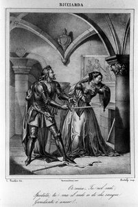Kuvitus italialaisen runoilijan ja näytelmäkirjailija Ugo Foscolon (1778-1827) "Ricciardan" IV näytökseen 1800-luku tekijältä Unknown artist
