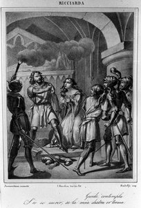 Kuvitus italialaisen runoilijan ja näytelmäkirjailija Ugo Foscolon (1778-1827) ”Ricciardan” V näytöksen viimeiseen kohtaukseen 1800-luku tekijältä Unknown artist
