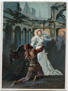 Italialaisen säveltäjän Giuseppe Verdin (1813 - 1901) kuvitus "" Ernani" -ooppera, näytös 2, kohtaus IV, luotu vuonna 1844 Victor Hugon tragedian "" Hernani" jälkeen. 1800-luvun lopun kromolitografia. tekijältä Unknown artist