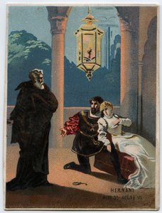 Italialaisen säveltäjän Giuseppe Verdin (1813 - 1901) kuvitus "" Ernani" -ooppera, näytös 5, kohtaus VI, luotu vuonna 1844 Victor Hugon tragedian "" Hernani" jälkeen. 1800-luvun lopun kromolitografia. tekijältä Unknown artist