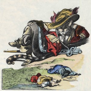 Kuvitus tarinasta "Kauhea Raminagrobis ja hiiret"" -hahmo piirtää Jean de la Fontainen tarinoita. "" Tarinoita kodista pienimmille"". Anonyymi kaiverrus 1800-luvulta. tekijältä Unknown artist