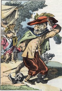 Kuvitus tarinasta "Kauhea Raminagrobis ja hiiret"" -hahmo piirtää Jean de la Fontainen tarinoita. "" Tarinoita kodista pienimmille"". Anonyymi kaiverrus 1800-luvulta. tekijältä Unknown artist