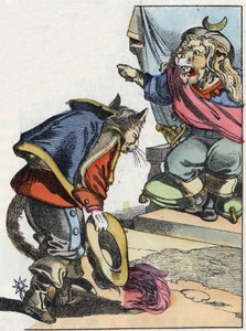 Kuvitus tarinasta "Kauhea Raminagrobis ja hiiret"" -hahmo piirtää Jean de la Fontainen tarinoita. "" Tarinoita kodista pienimmille"". Anonyymi kaiverrus 1800-luvulta. tekijältä Unknown artist
