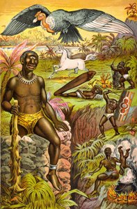 Kuva kuvitteellisista Afrikasta kotoisin olevista hirviöistä otsikolla "Afrikkalainen taikausko kuvitettu"" (kyklooppi, yksisarvinen...), noin 1889. tekijältä Unknown artist