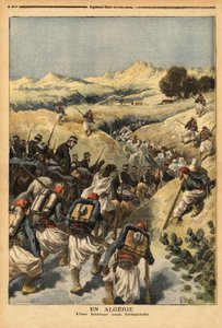 Algeriassa pataljoona, jonka kokonainen Zouaves-pataljoona organisoi ratsuväen vahvistama, vangitakseen Areski ben Bashirin, jonka Algerian tuomioistuin on tuominnut kolmesti kuolemaan. Kaiverrus "" Le petit Journal" -lehdessä 23.12.1893. Selvan kokoelma. tekijältä Unknown artist