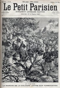 Ranskan siirtomaissa: kenraali Joseph Joffren (1852-1931) ja hänen spahi-armeijansa marssi Timbuktuun (Mali). Kaiverrus kirjassa "" Le Parisien"" tekijältä Unknown artist
