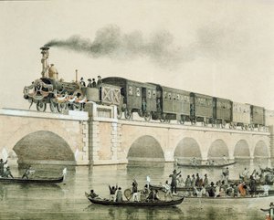 Venetsian laguunin ylittävän sillan vihkiminen käyttöön kaupungin ja maanosan yhdistämiseksi (litografia tekijältä Unknown artist