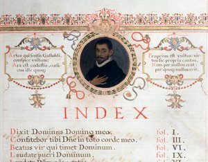 Hakemistosivu, jossa on muotokuva Giovanni Giacomo Gastoldista tekijältä Unknown artist